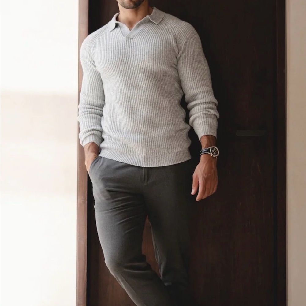 NWOT Tailored Athlete Men's Fisherman Rid Open Collar Polo Gray Sweater - Picture 2 of 4